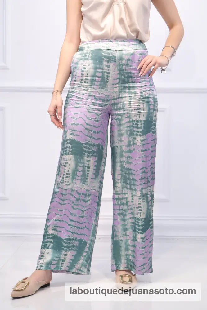 Pantalon acuarela saten VERDE AGUA/MALVA
