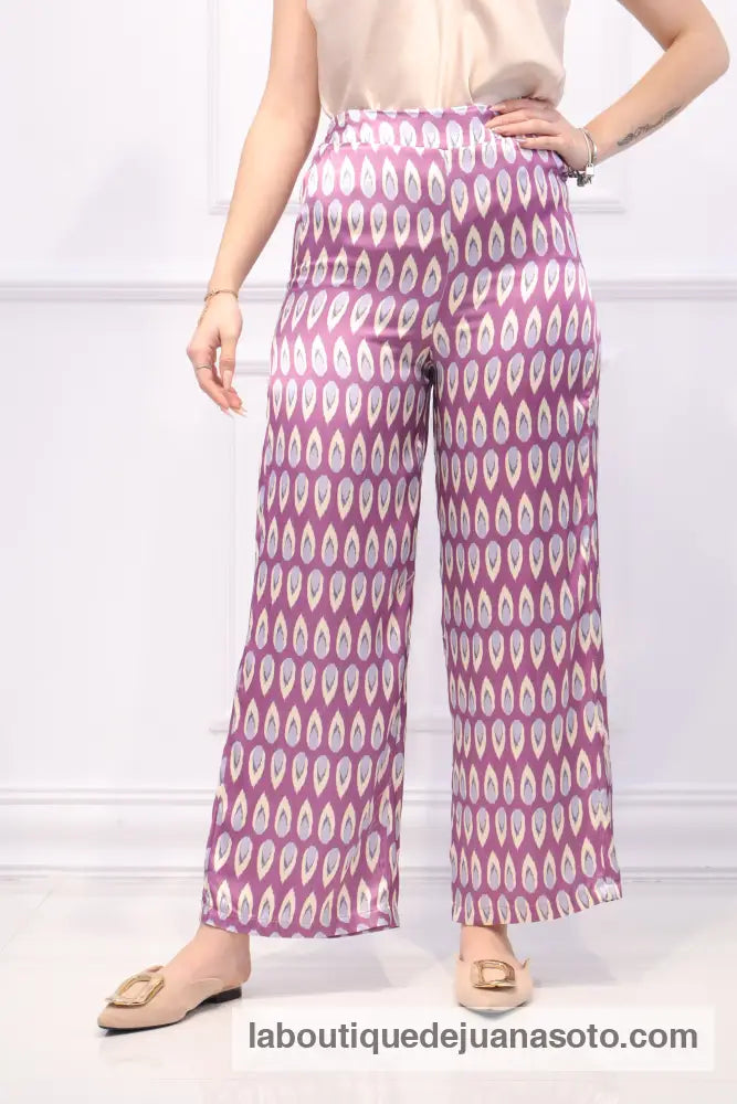Pantalon saten plumas VERDE/ROSA