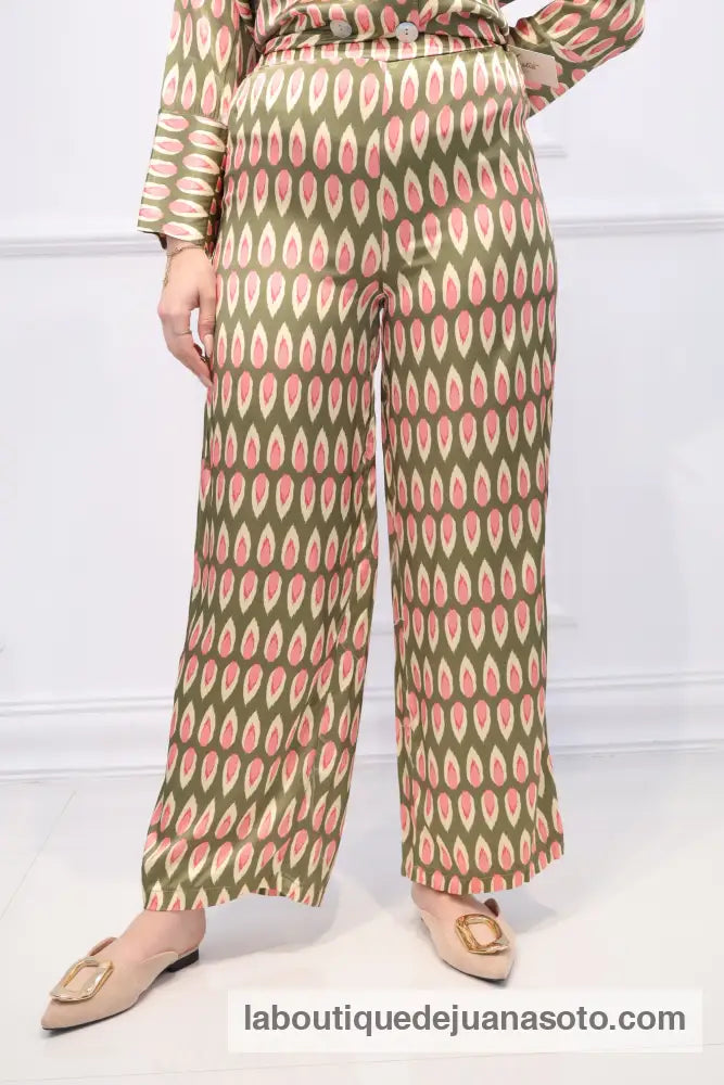 Pantalon saten plumas VERDE/ROSA